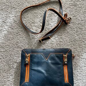 Vince Camuto blue + orange clutch crossbody bag